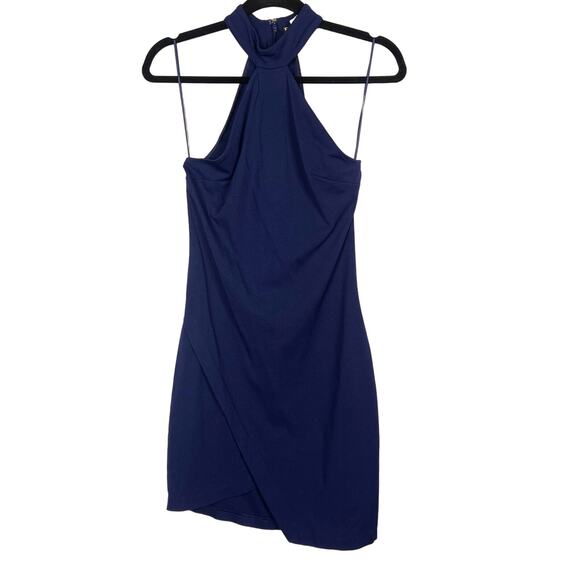 Express Size 4 Navy Blue Halter Neck Overlap Asymmetrical Bodycon Dress Cocktail - Picture 1 of 8